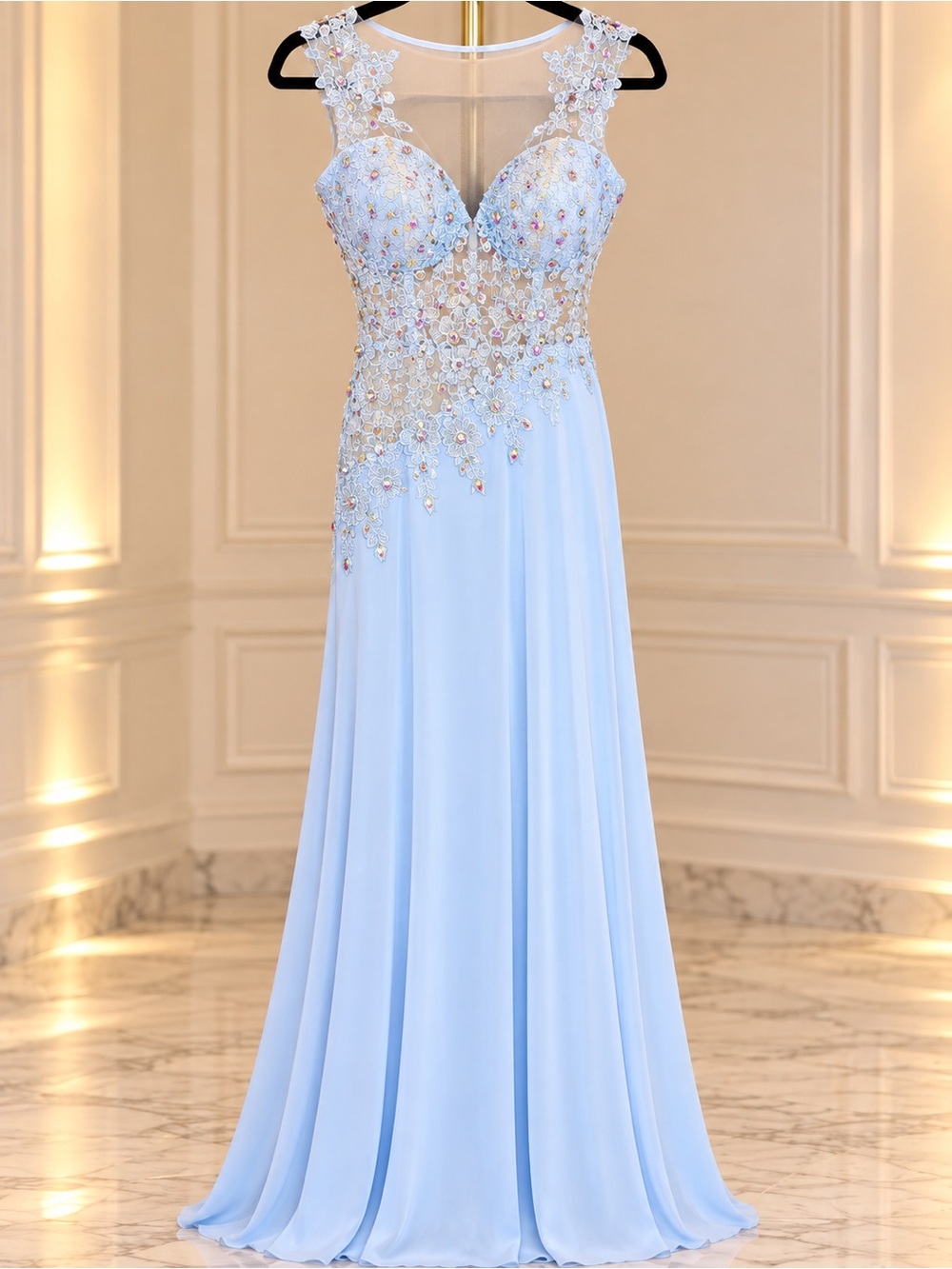 Elegant Light Blue Embellished Evening Gown